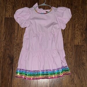 Women’s Main Strip Pink Midi Dress with Rainbow Sequin Trim